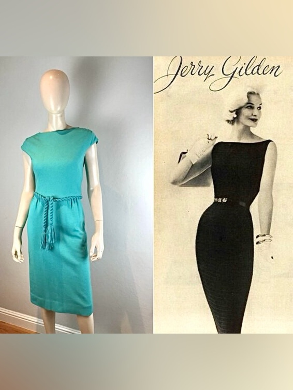 Vintage 1950s Turquoise Blue Cotton Jersey Wiggle Sheath Dress Rope Belt XS S